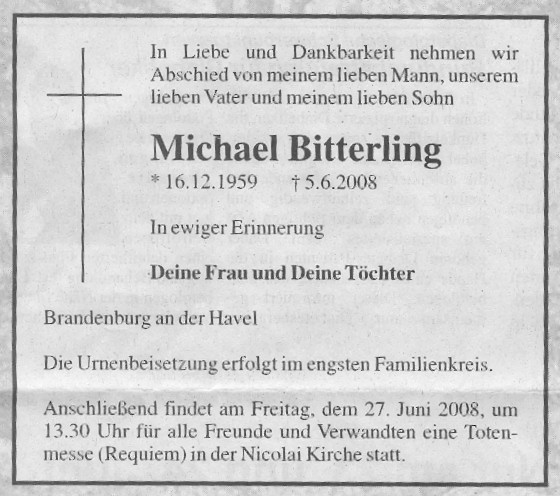 Michael Bitterling Todesanzeige