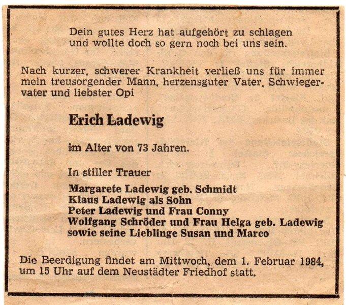 Erich Ladewig Todesanzeige
